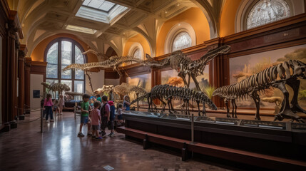 Obraz premium Generative AI, children, schoolchildren on an excursion to the prehistoric museum of paleontology looking at dinosaur skeletons, fossils, ancient lizards, education, architecture, boys, girls