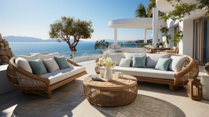 Luxury house hotel patio with a terrace and sea view. Generative AI - obrazy, fototapety, plakaty