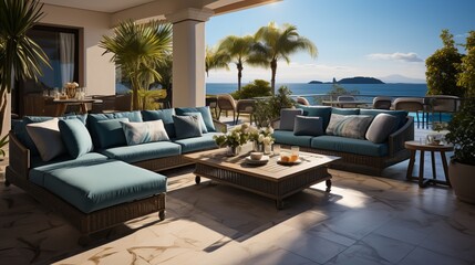 Fototapeta premium Luxury house hotel patio with a terrace and sea view. Generative AI