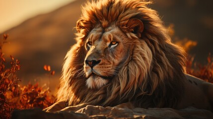 Naklejka premium Majestic lion basking in the warm embrace of the savan. Generative AI
