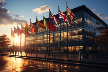 A multinational corporation's headquarters building with flags from various countries, symbolizing the global reach of business operations. Concept of multinational corporations. Generative Ai.