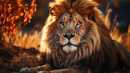 Majestic lion basking in the warm embrace of the savan. Generative AI - obrazy, fototapety, plakaty