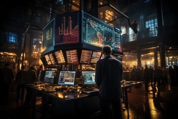 A stock market trading floor with traders reacting to global market fluctuations, illustrating the impact of international financial markets on businesses.  Generative Ai.