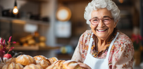 Elderly woman with glasses smiling while baking. - obrazy, fototapety, plakaty