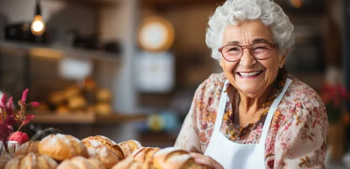 Poster Elderly woman with glasses smiling while baking. © Mustafa