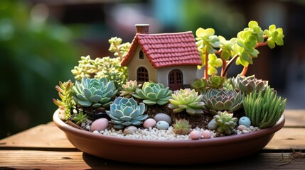 Fototapeta na wymiar Miniature house figure inside succulents