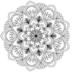 Mandala drawing on a white background, Ethnic mandala outline hand drawn, Decorative monochrome ethnic mandala pattern Islam, Arabic, Indian, morocca.