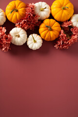 Autumn vertical background with pumpkins, fall decorations, flowers on brown background. Happy Thanksgiving, Harvest concept. Flat lay top view, copy space.