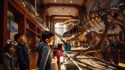 Foto op Plexiglas Dinosaurus Generative AI, children, schoolchildren on an excursion to the prehistoric museum of paleontology looking at dinosaur skeletons, fossils, ancient lizards, education, architecture, boys, girls
