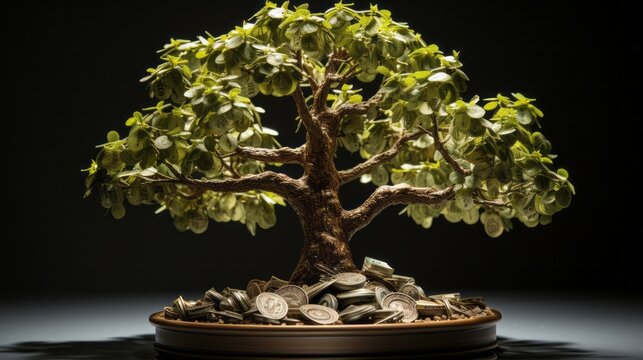 Money tree tree with banknotes tree with money leaves. Generative AI