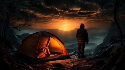 Silhouette of a man near a tent, overlooking a serene sunset by the lakeside.