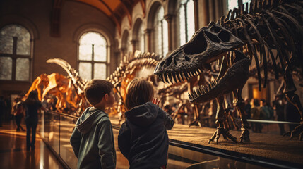 Generative AI, children, schoolchildren on an excursion to the prehistoric museum of paleontology looking at dinosaur skeletons, fossils, ancient lizards, education, architecture, boys, girls - obrazy, fototapety, plakaty