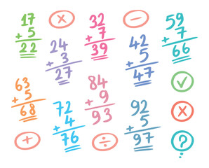 hand drawn addition exercises. mathematical numbers. addition, subtraction, multiplication and division symbols