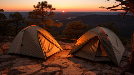 Camping scene with tents placed amidst wilderness during sunset.