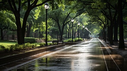 Park jogging path with no people after the rain. Generative AI