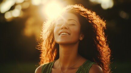Happy woman with curly hair, in the sunlight, enjoying her surroundings.