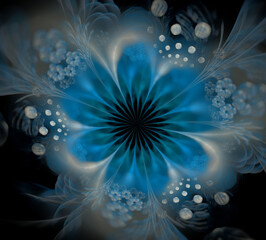 3D illustration. Abstract image. White-blue flower arrangement with glass effect on a black background. Graphic element, background, texture for web design.
