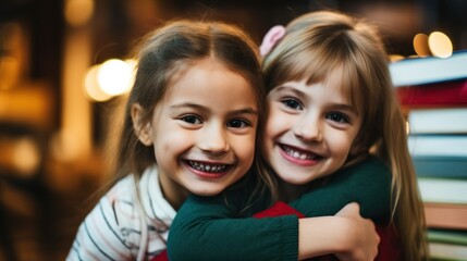 Two young girls with bright smiles, embracing each other.