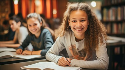 Fototapeta premium A young girl with curly hair, focused on her work in a classroom setting.