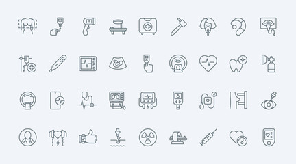 Medical devices thin line icons set vector illustration. Outline equipment and machine work to monitor health and diagnosis of patient, hospital EKG and glucometer, ultrasound scanner and thermometer