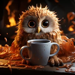 Gordijnen An image of an owl on a coffee cup full of coffee © Mstluna