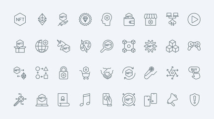 NFT thin line icons set vector illustration. Outline digital artwork and data symbols of artist for art collector, blockchain and ethereum, mining cryptocurrency, buy and exchange at marketplace