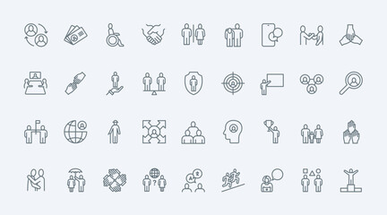 People, community thin line icons set vector illustration. Outline human society and business team organization symbols, silhouettes of person and family, gender equality, support and partnership