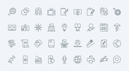 Storytelling thin line icons set vector illustration. Outline black symbols collection of author telling story, news interview of journalist, digital content and information of blogger in social media