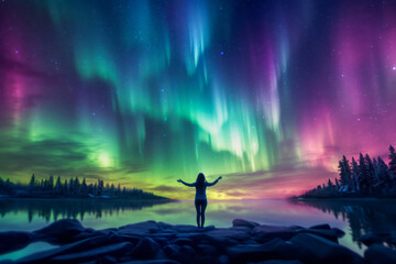 A lady enjoying aurora-inspired yoga. Earth's captivating and mysterious night sky over a calm lake. Embracing consciousness and soul. A concept for yoga, meditation, and the aurora. - obrazy, fototapety, plakaty