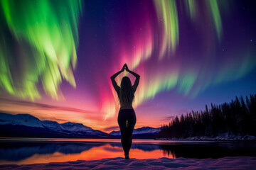 A lady doing yoga under the aurora. The Earth's lakeside boasts a mystical, enchanting night sky. Freeing the mind and soul for personal growth. A concept for yoga, meditation, and the aurora. - obrazy, fototapety, plakaty
