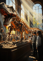 Generative AI, children, schoolchildren on an excursion to the prehistoric museum of paleontology looking at dinosaur skeletons, fossils, ancient lizards, education, architecture, boys, girls