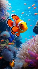 Fototapeta na wymiar A colorful clown fish swimming gracefully in an aquarium