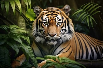 A majestic tiger resting in the heart of the jungle
