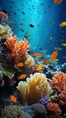 A colorful underwater scene with a school of fish swimming above a vibrant coral reef