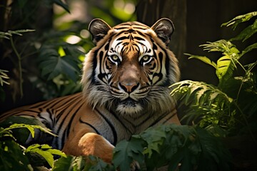 A majestic tiger sitting in the heart of the jungle