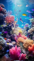 A vibrant underwater coral reef teeming with colorful fish - obrazy, fototapety, plakaty