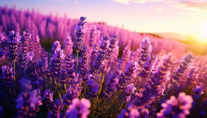 A vibrant lavender field basking in the golden glow of the setting sun