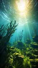 Fototapeta na wymiar Seaweed and rocks in the underwater world