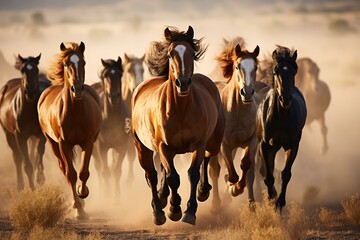 A dynamic herd of horses galloping across a golden grass field