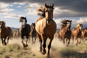 Obraz premium A dynamic herd of horses running across a golden dry grass field
