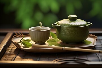 A green tea pot on a wooden tray