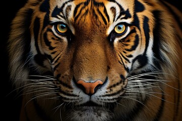 Fototapeta premium A majestic tiger's face in striking close-up against a dramatic black background