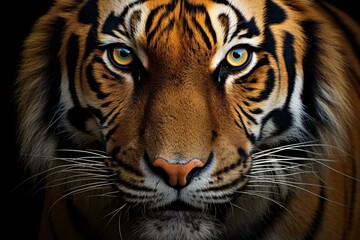 A majestic tiger's face in striking close-up against a dramatic black background