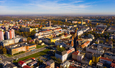 View from drone of old houses of Czech town Ostrava in sunny fall day