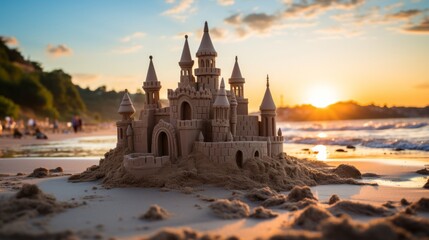 Sand castle constructed on a beach embodying creativit. Generative AI