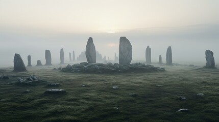 Stonehenge standing in a foggy field, creating a mysterious and atmospheric scene