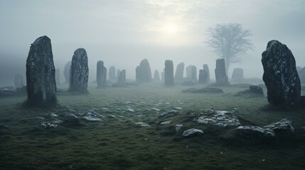 Stonehenge surrounded by a mystical fog in a vast field - obrazy, fototapety, plakaty