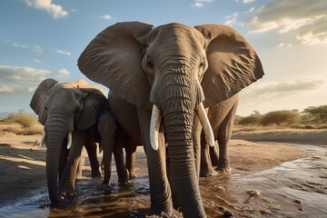 Fototapeta na wymiar Elephants standing in water