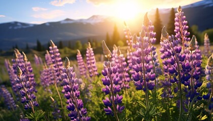 A vibrant field of purple flowers with the sun shining in the background