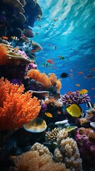 A vibrant coral reef teeming with diverse marine life